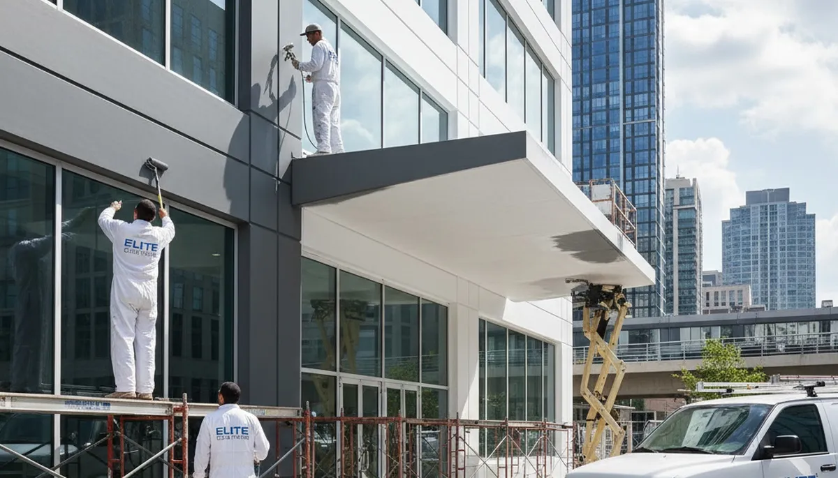 Professional commercial painters in Hartford CT applying durable exterior coatings to office building