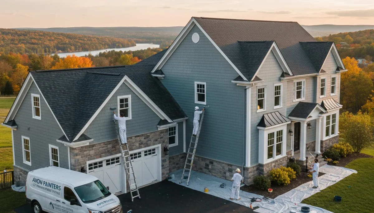 Professional house painters working on exterior home repaint in Hartford CT