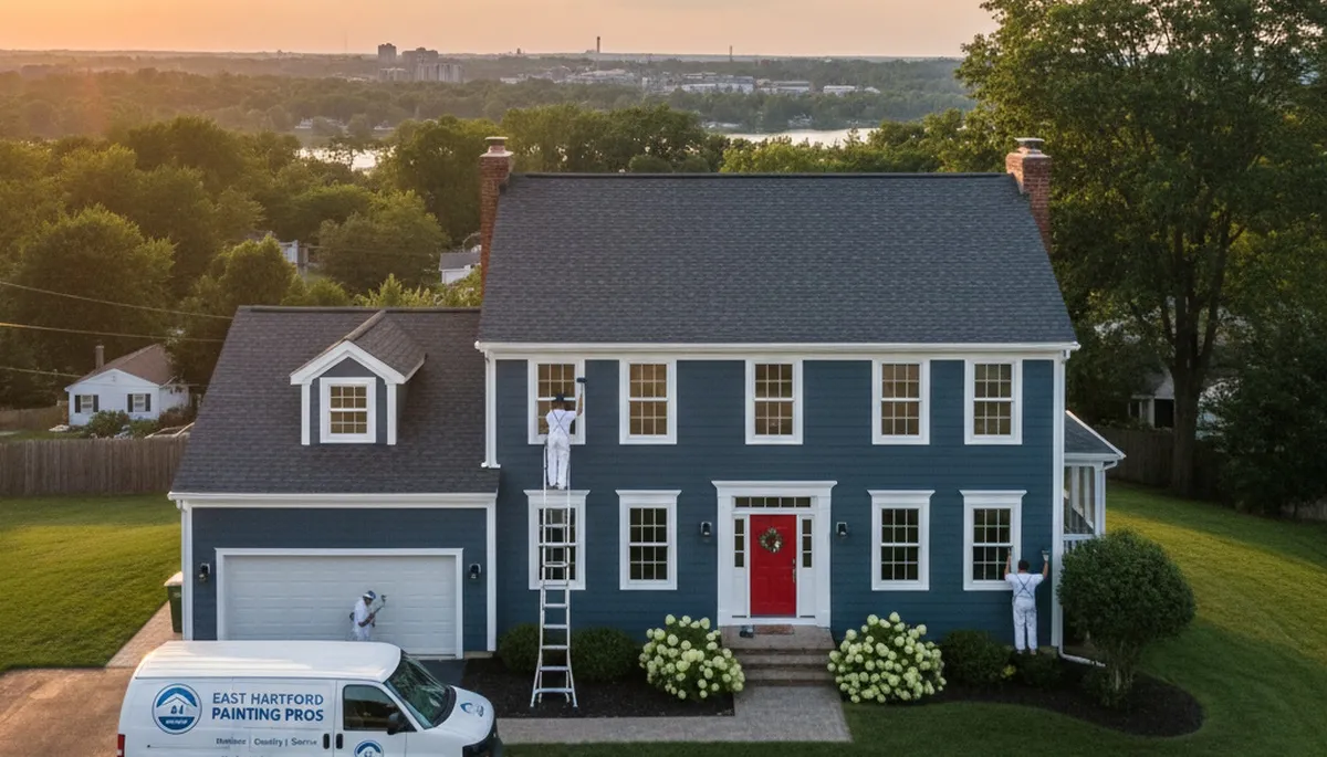 Professional house painters working on exterior home in Hartford, CT