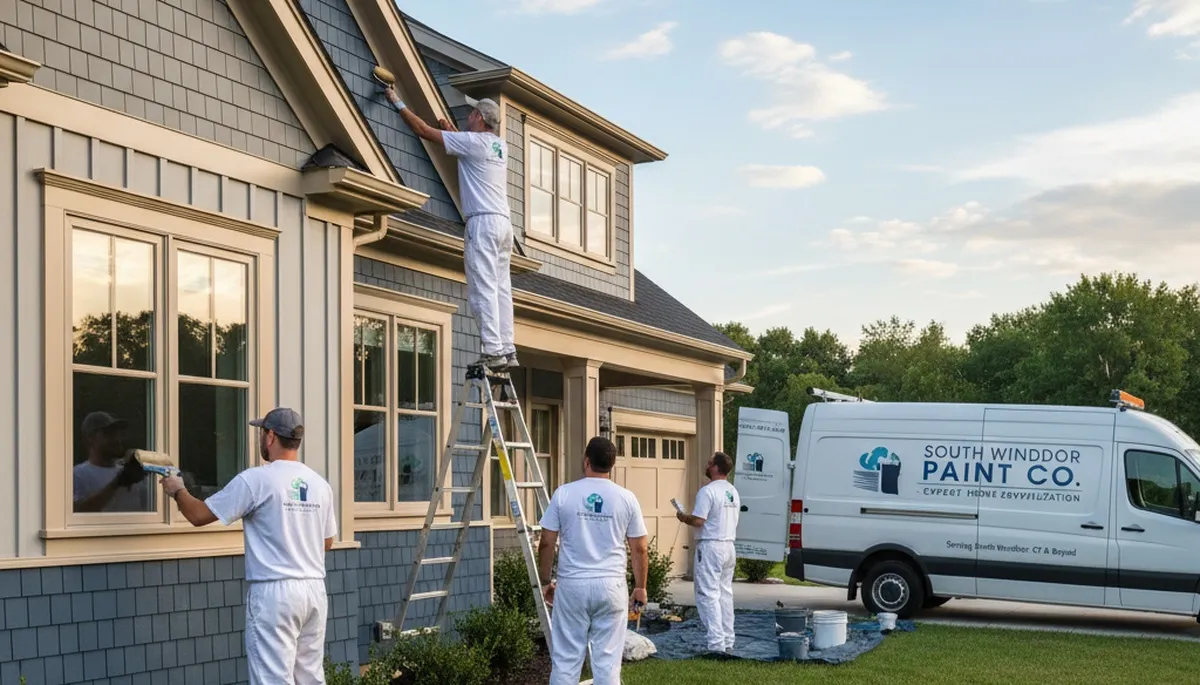 Professional house painters working on residential exterior in Hartford CT
